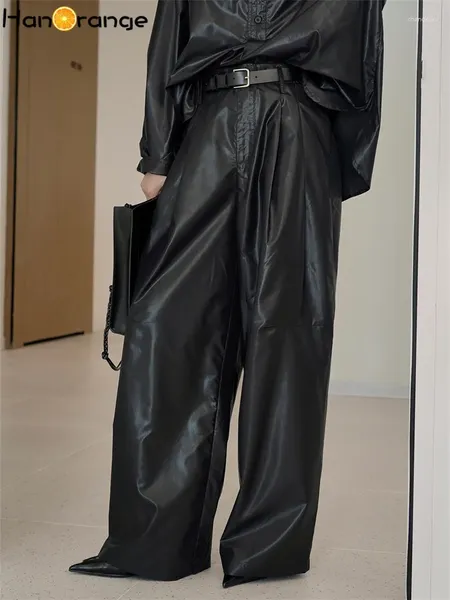 Pantaloni da donna HanOrange 2023 Autunno Moda Moderna Vita alta Gamba larga Lucida Donna Pantaloni silhouette larghi Neri
