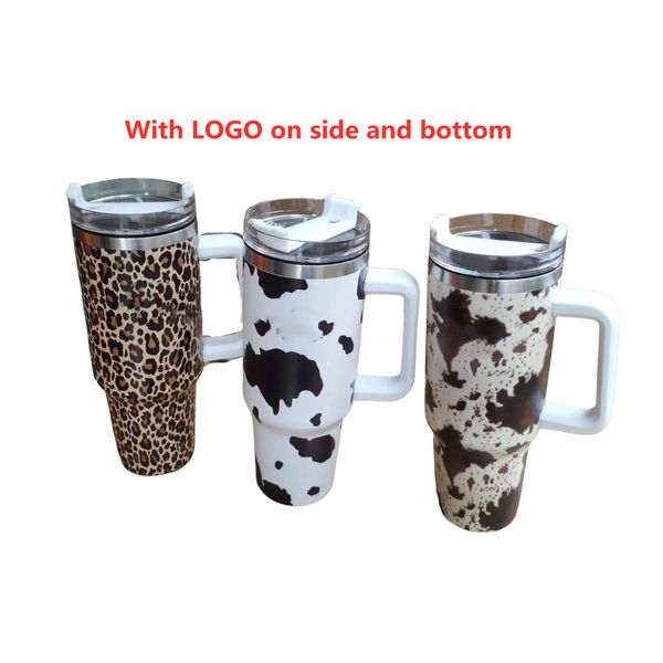 Tazze firmate da 40 once con LOGO Avventura Classico design leopardo mucca Bicchieri Maniglia coperchi e cannucce Tazze per auto Bottiglie di acqua potabile isolate sotto vuoto