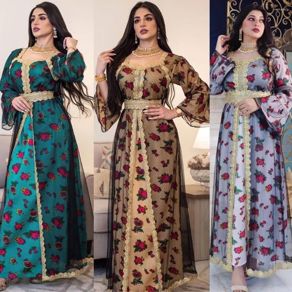 Roupas étnicas estilo impressão bordado renda malha vestido dubai muçulmano mulheres elegantes vestidos de noite vintage abaya turquia kaftan jalabiya