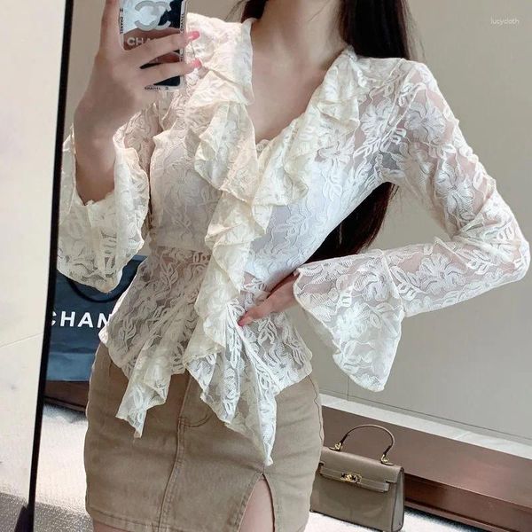 Blusas femininas 2023 verão estilo francês blusa feminina com decote em v manga longa renda sexy design de moda bonito algodão macio