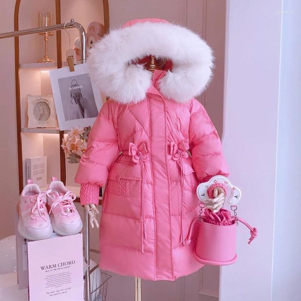 Casaco para baixo crianças inverno roupas quentes meninas pele com capuz parkas estilo longo rosa algodão outerwear grande empate na cintura moda