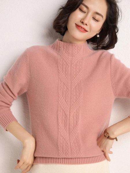 Suéter feminino meia gola alta cashmere suéter puro duplo fio engrossado solto fundo curto