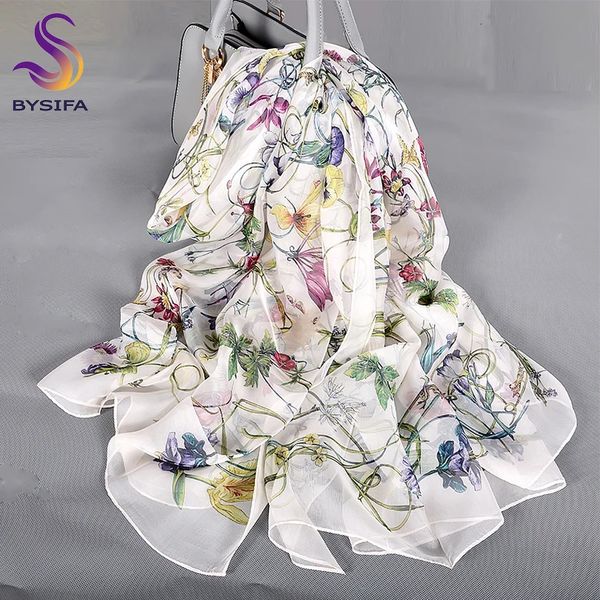 Parei BYSIFA Sciarpa bianca in seta 100% Mantella Moda disegno floreale Sciarpe lunghe Donna Estate Utralong Scialle da spiaggia Sciarpe invernali 180x110 cm 231023