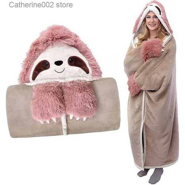 Salotto da notte per donna, accogliente cartone animato bradipo, coperta TV con cappuccio e guanti, per adulti e bambini, morbido e caldo pile Sherpa, T231024