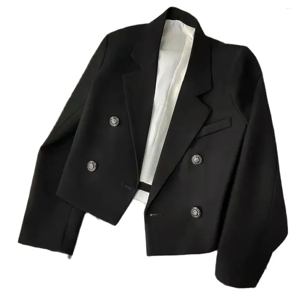 Женские костюмы, ультра короткий черный пиджак, двубортный однотонный маленький пиджак с длинными рукавами, пальто, женская элегантная темпераментная верхняя одежда