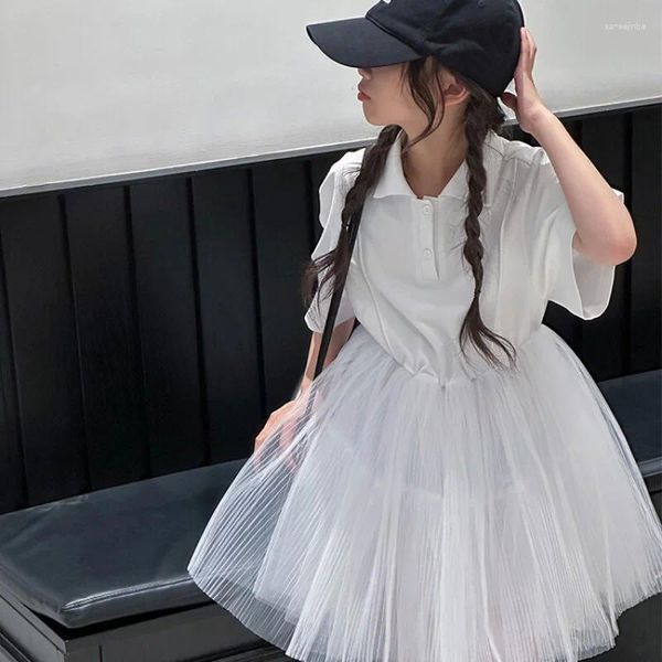 Платья для девочек, летнее платье для девочек, трикотажная газовая юбка с короткими рукавами, элегантная вечеринка 2023, бесплатная доставка в корейском стиле