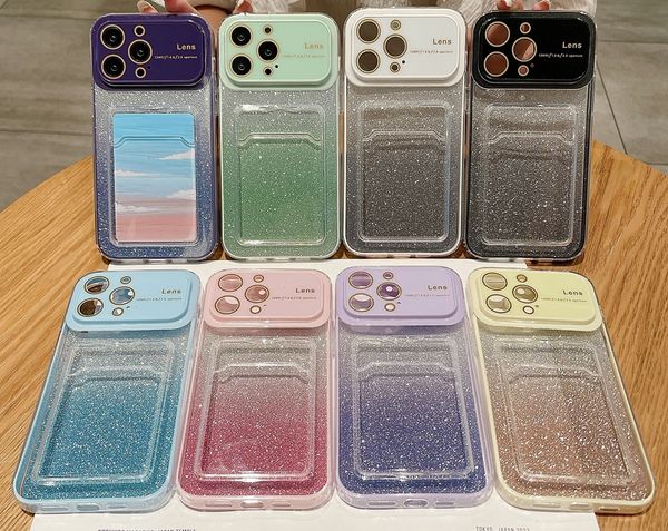 Protetor de lente para cartão de bolso capas de TPU macias para iphone 15 Plus 14 Pro Max 13 12 11 Bling Glitter Gradiente CâmeraGrande Janela Grande Slot para cartão de crédito Capa traseira para celular