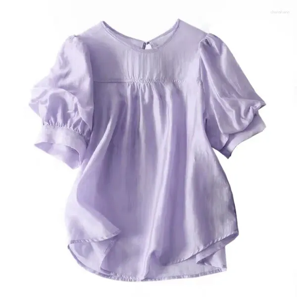 Blusas femininas chiffon camisa em torno do pescoço sólido frisado manga curta solta versátil moda topo verão casual confortável wear