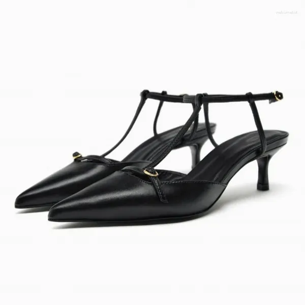 Kleidschuhe 2023 ONKOGENE Frauen Schwarze Leder-Slingback-Pumps mit schicken Schnallen Knöchelriemen-Absätzen Elegante Bürodame Spitzschuh-Maultiere