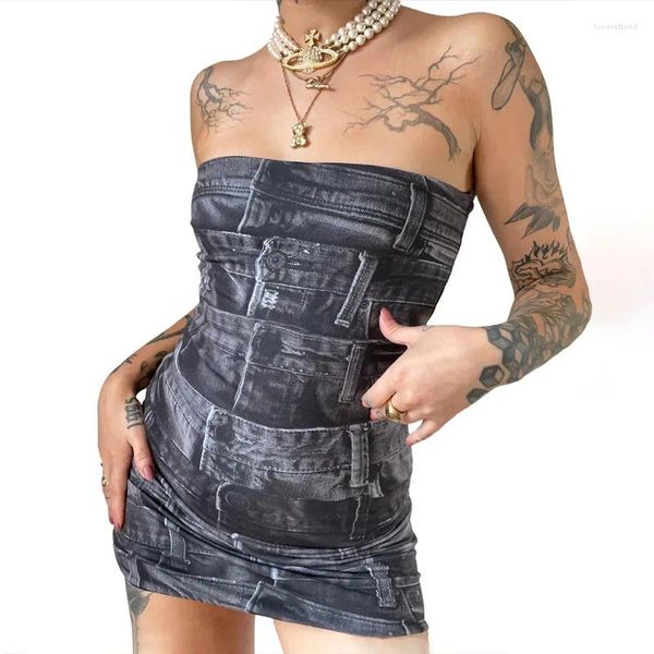 Vestidos casuais strapless mini vestido mulheres impresso backless bodycon verão sexy outfits 2023 em streetwear y2k moda coreana