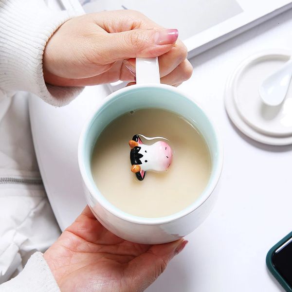 Tassen 3D Niedliche Tiere Keramiktasse Kaffeetassen mit Griff Kuh Panda Frosch Teetasse Saft Milch Tee Trinkgeschirr Geschenk für Freundin Kinder 231023