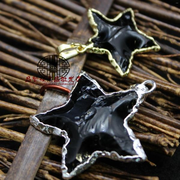 Halsketten mit Anhänger, vergoldet, handgeklopft, natürlicher schwarzer Obsidian-Stein, sternförmige Halskette