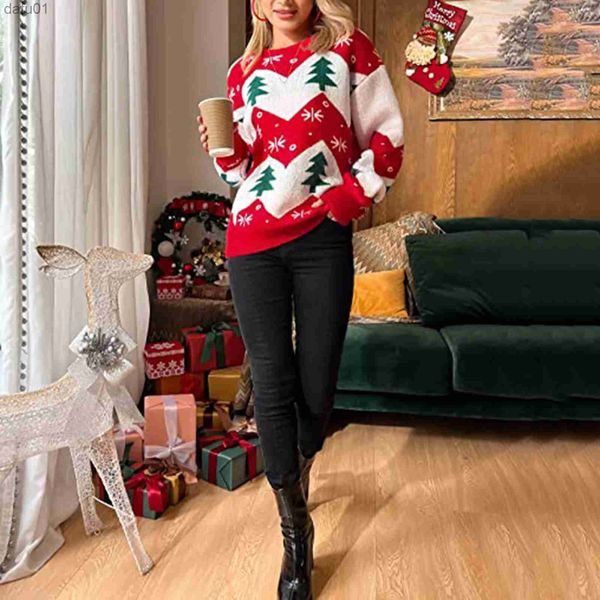 Damenpullover Weihnachtspullover für Frauen Neue Winter 2023 Weihnachtspullover Warme Strickwaren Weihnachtsmann-Baum-Druck-Jacquard-Pullover Weiblicher PulloverL231024