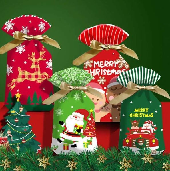 Sacos de presente de doces de natal dos desenhos animados crianças biscoito doce saco de cordão de plástico decorações de natal para casa festa de ano novo 2023