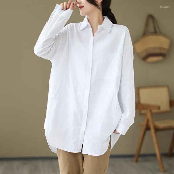 Blusas femininas 2023 primavera outono artes estilo feminino manga longa solta único breasted camisa de algodão linho branco blusa casual topos p289