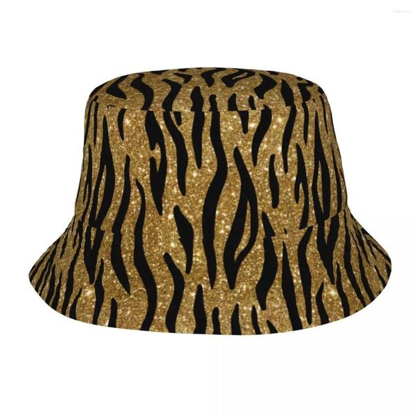 Berets preto e ouro glitter tigre balde chapéu verão viagem headwear pesca pescador chapéus para esportes ao ar livre mulheres bob dobrável