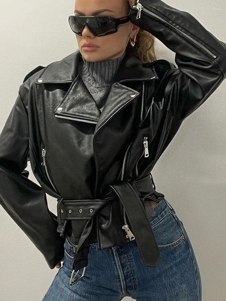 Женские куртки, осенне-зимнее кожаное пальто, женская мода 2023, модная куртка на молнии с отложным воротником и поясом, топы для мотоциклистов