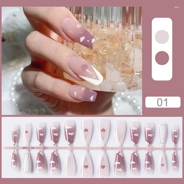 Unghie finte 24 pezzi Matte Round Head Nail Art Senza colla Pressa sulla copertura completa Rosa Bianco Corto quadrato Staccabile artificiale finto