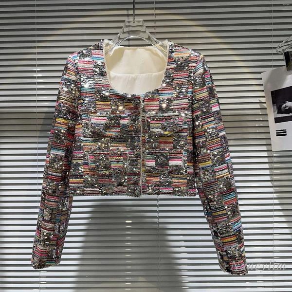 Giacche da donna Primavera Autunno Stile classico Tasca con paillettes Tweed Cappotto elegante e chic Donna Cappotti corti da lavoro pesante Femme Vita alta Manica lunga