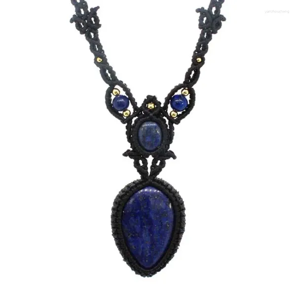 Colares Pingente Handmade Lasurite Corda Envolvida Natural Gota de Água Lapis Lazuli Pedra Trançada Macrame Cadeia Colar Mulheres Homens Jóias