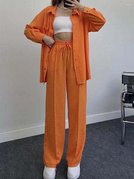 Zweiteilige Damenhose Zoctuo Casual Orange Outfit Damen Herbst Chic Langarm Reverskragen Hemd und weites Bein Weiblicher Trainingsanzug