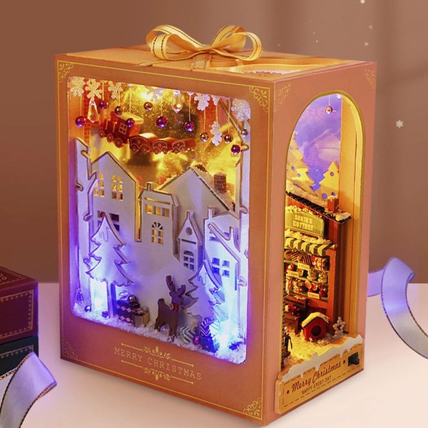 Dekoratif Nesneler Figürinler 3D DIY Kitap Köşe Kit Ahşap Stand Bulmaca LED Parlayan Eğitim Kitaplık Minyatür Ekle Binaya Bebek Evi Ev Dekoru 231023