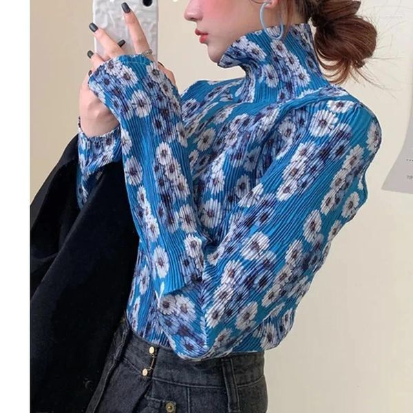 Blusas femininas 2023 estilo japonês gola alta feminina floral impressão manga longa camisa 90s chique design plissado senhoras elegantes topos coreano