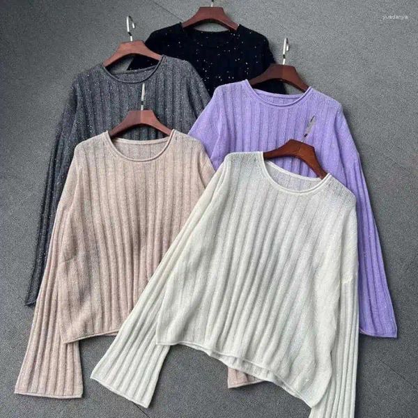 Suéteres femininos 2023 outono fino sino manga micro-transparente lantejoulas suéter de caxemira para mulher