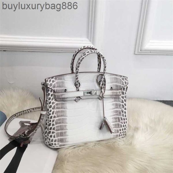 Bolsa feminina masculina de couro genuíno crocodilo jacaré Himalaia cinza branco com logotipo fivela prateada 25cm30cm sacola portátil lenços grátis suporte personalizar Yma