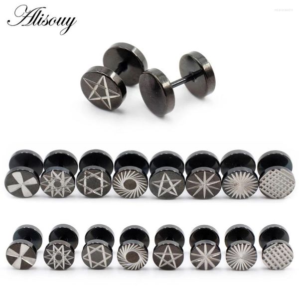 Pendientes Alisouy 2 uds Punk negro acero inoxidable redondo tallado estrella Cruz mujeres hombres barra oreja mancuerna piercing joyería