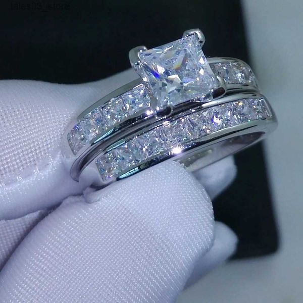 Anéis de casamento Princesa Cut Lab Diamond Promise Ring Define 925 Sterling Silver Party Anéis de Casamento para Mulheres Nupcial Fine Engagement Jóias Q231024