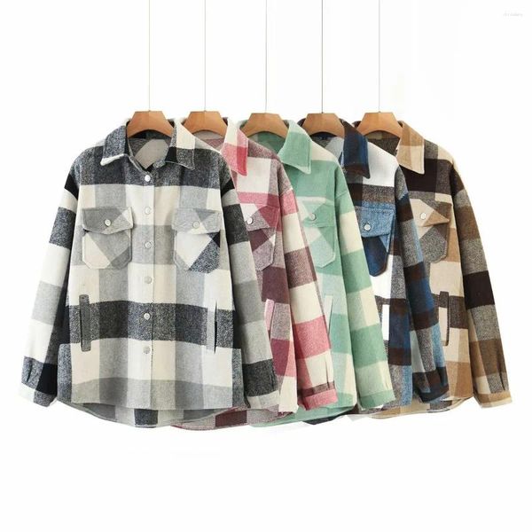 Blusas femininas 2023 outono casual tweed frente curta volta longa camisa xadrez de manga comprida abotoado lapela jaqueta para mulher