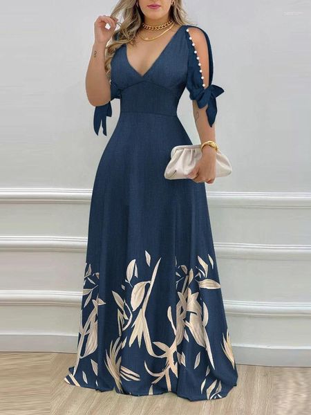 Abiti da festa Elegante donna estate moda manica divisa perle decorazioni piante stampa casual scollo a V mezzo maxi abito