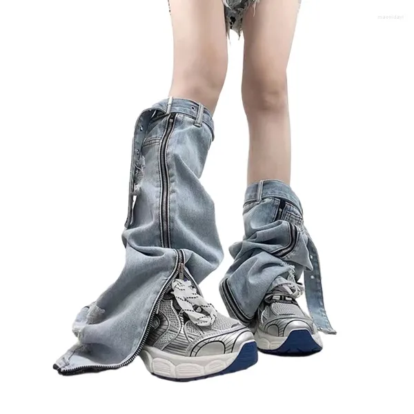 Mulheres meias com zíper denims jeans capa longa gótico punk solto meias de joelho alto y2k streetwear gota