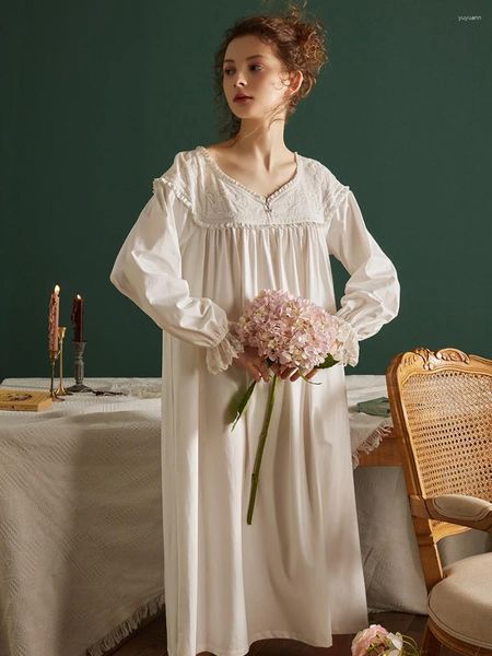 Pijamas femininos hanxiuju real vintage bordado longo camisolas para mulheres primavera outono manga elegante camisolas delicadas