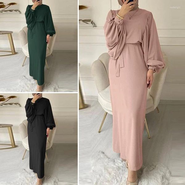 Roupas étnicas Mulheres Muçulmanas Maxi Vestido Lanterna Manga Cintura Casual Robe Senhora Islâmica Modest Long Abaya Ramadam Eid Meninas Noite