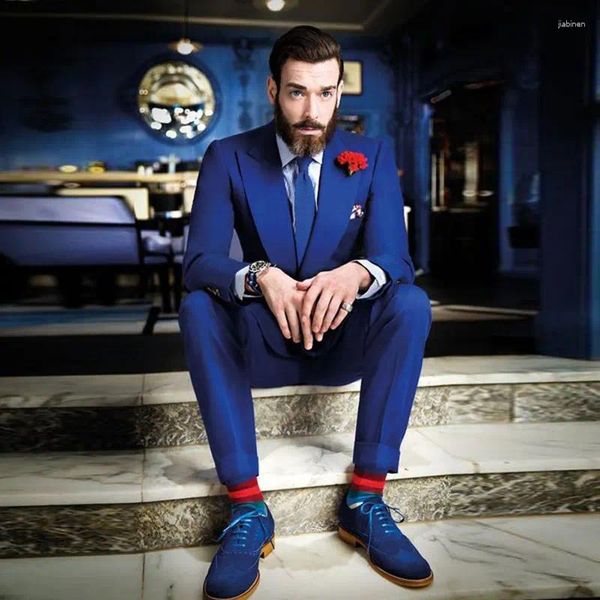 Erkek takım elbise geniş zirve yaka kraliyet mavisi erkek 2 adet custome homme moda adam blazers ince fit terno maskulino (ceket pantolon)