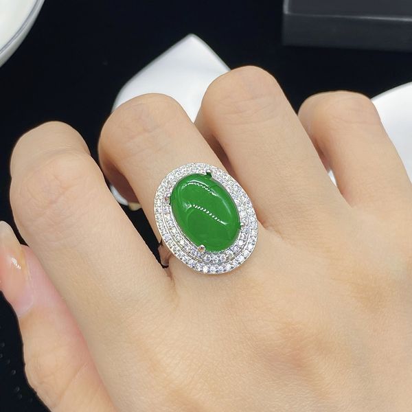 Moda feminina anel de jóias verde jade calcedônia zircão diamante branco ouro aberto anel festa aniversário presente ajustável