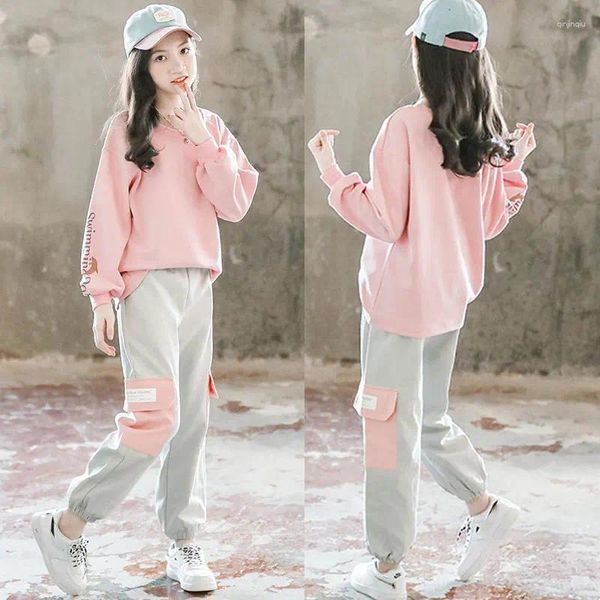 Set di abbigliamento Ragazze Patchwork Tute sportive Felpe con cappuccio rosa Pantaloni da jogging 2 pezzi Adolescente Bambini Streetwear Abiti da ballo Hip Hop Tute primaverili