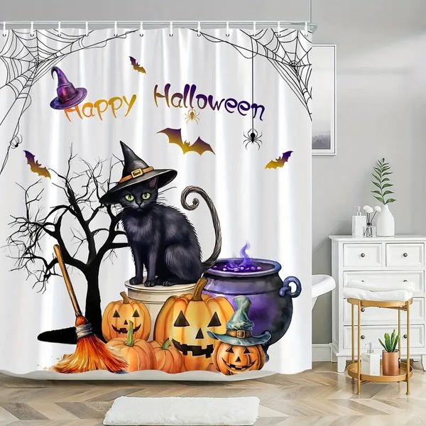 1 peça cortina de chuveiro de Halloween feliz, abóbora fofa árvore morta bruxa gato vassoura morcego teia de aranha cortina padrão, cortina de chuveiro de banheiro doméstico, cortina de chuveiro de decoração
