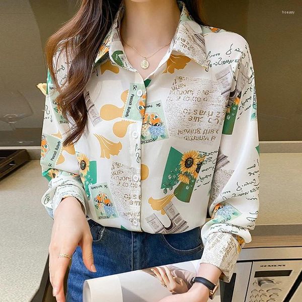 Damenblusen, Herbsthemden für Frauen, trendige Langarm-Casual-Button-Down-Büro-Vintage-Blumendruck, Camisas und Blusas Feminina