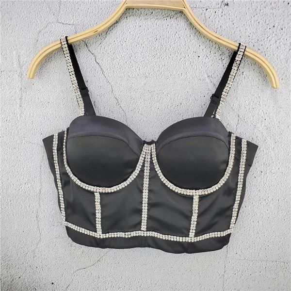 Tanques femininos verão moda diamante mulheres sutiã colheita top preto branco sem alças push up camisola sexy festa clubwear espartilho bustier