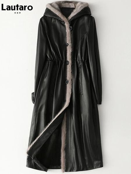 Cappotto da donna in pelle sintetica Lautaro invernale lungo caldo e spesso in pelle nera con pelliccia all'interno Elegante giacca foderata in pelliccia sintetica di lusso Parka Fashion 231024