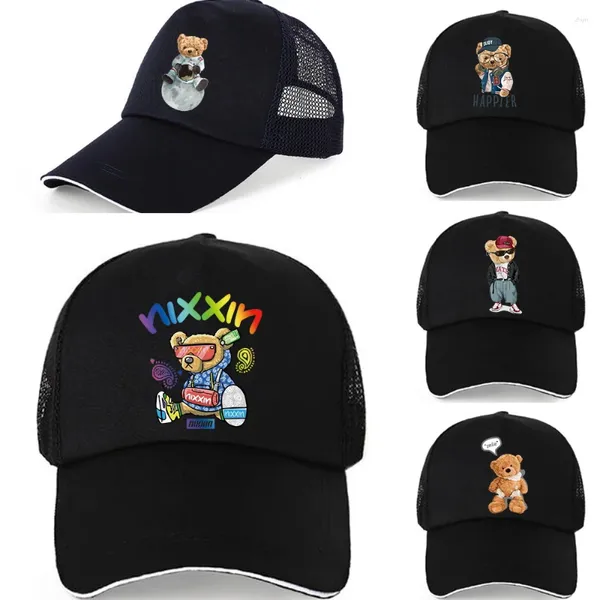 Cappellini da baseball Estate Donna Uomo Orso Stampa Berretto da baseball in rete Solido Snapback Etichetta Stick Cappellino da sole Cappelli neri Hip Hop traspiranti per esterni