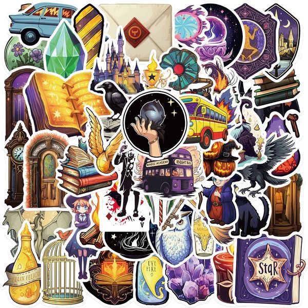 Confezione da 50 adesivi Cartoon Magic Academy Adesivi in vinile impermeabili per bagagli Bottiglia d'acqua Laptop Auto Planner Scrapbooking Telefono Mac Decalcomanie da muro per porte