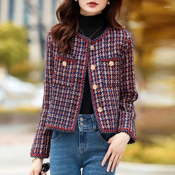 Damenjacken Koreanische Chic Elegante Tweed Frauen 2023 Herbst Oansatz Plaid Blazer Mantel Weibliche Volle Hülse OL Jacke Mode Chaqueta