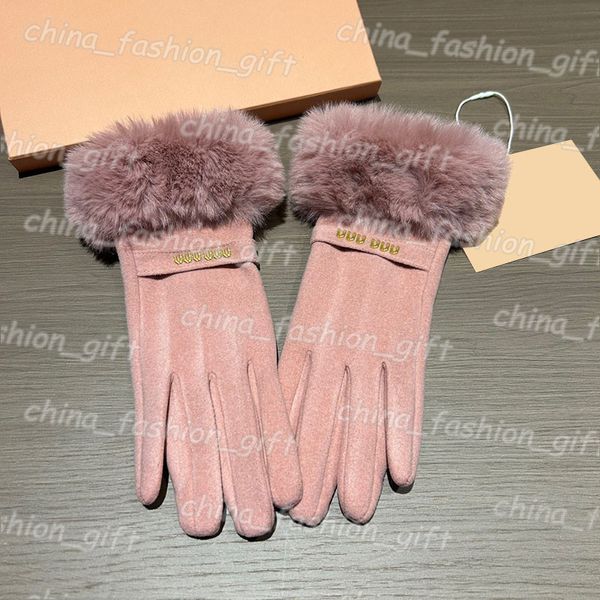 Klassische Winterhandschuhe Damen Warme Handschuhe Schaffell Kaninchenfell Verdickte Reitfahrhandschuhe Touchscreen Rosa Farbe Winter