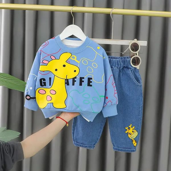 Conjuntos de roupas masculinas camisetas outono bebê meninos conjunto girafa impressão suéter jeans casual de duas peças roupas de inverno roupas infantis 231024