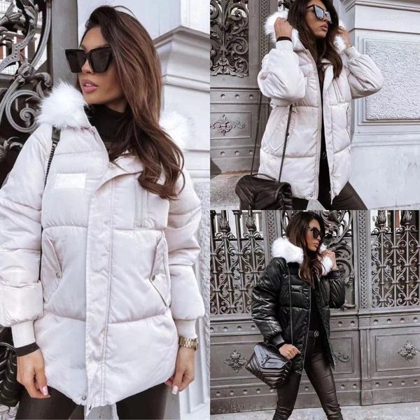 Mulheres Trench Coats Lugentolo Winer Jaqueta Mulheres Grosso Gola De Pele Parkas Streetwear Moda Bolso Zipper Cor Sólida Roupas de Inverno