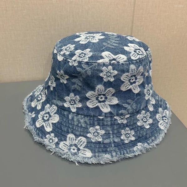 Berretti Stile coreano Moda Fiore Cowboy con volant Cappello da pescatore Bacino Parasole Sottile Temperamento di alta qualità Generale Denim Secchio